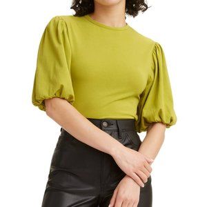 💚 Women's Levi's Capola Large 3/4 Puff Sleeve Blouse Green Cotton Top Crewneck